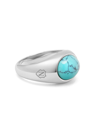 Nialaya Men's Ring Silver Oval Signet Ring with Turquoise Stone